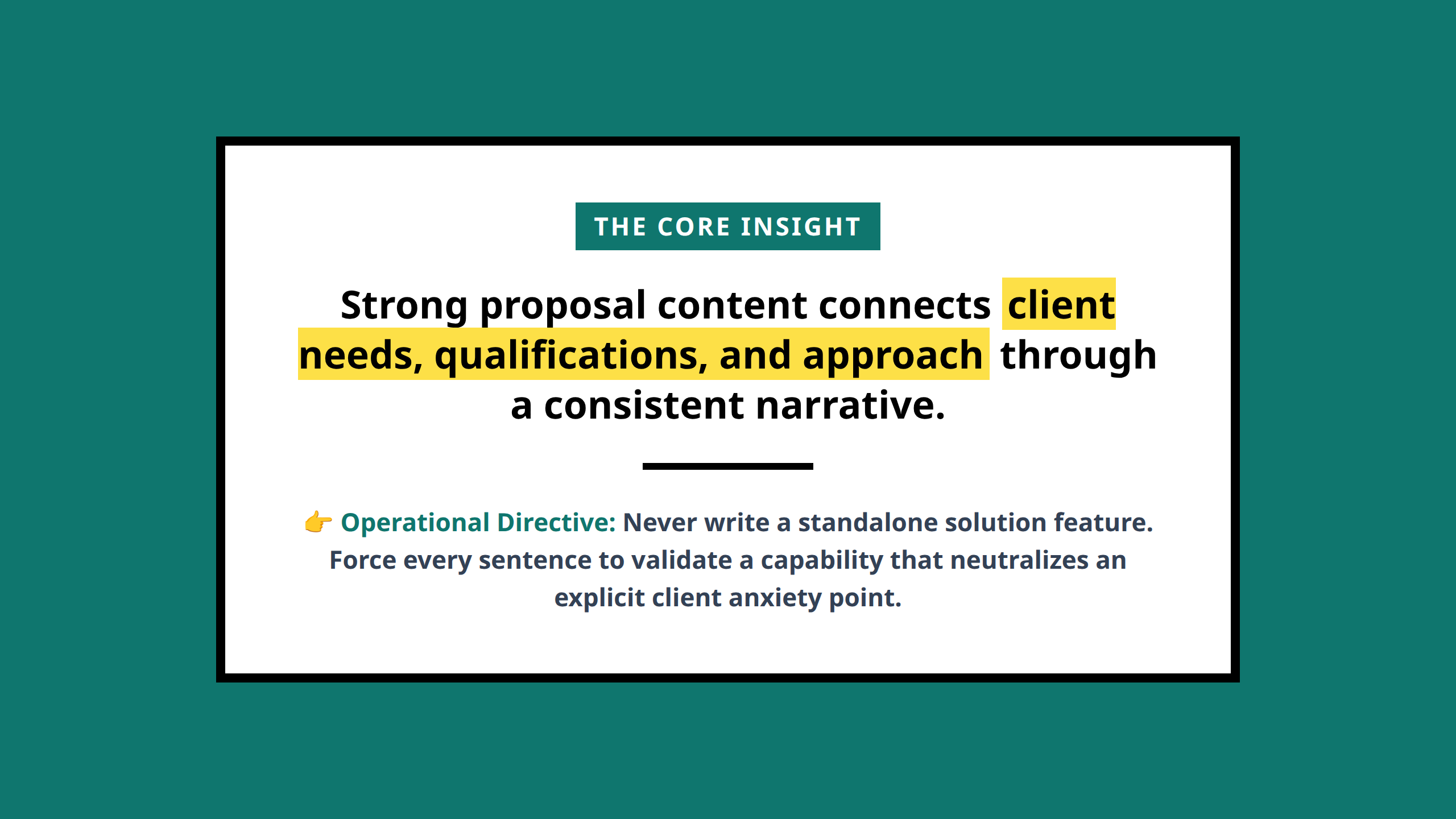 Core framework definition card for proposal content strategy
