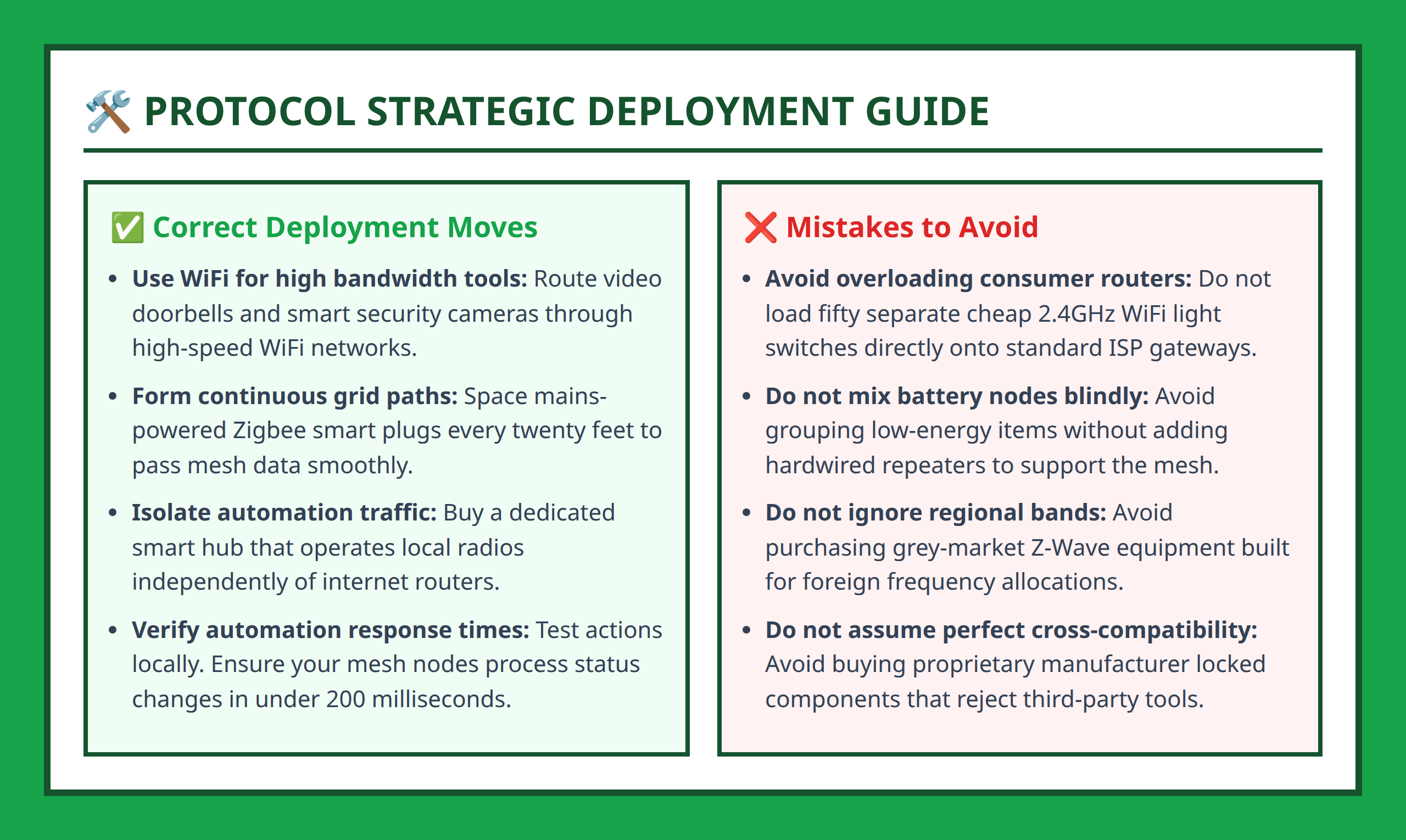 Do and Dont strategic advice grid for WiFi Zigbee and Z Wave deployment