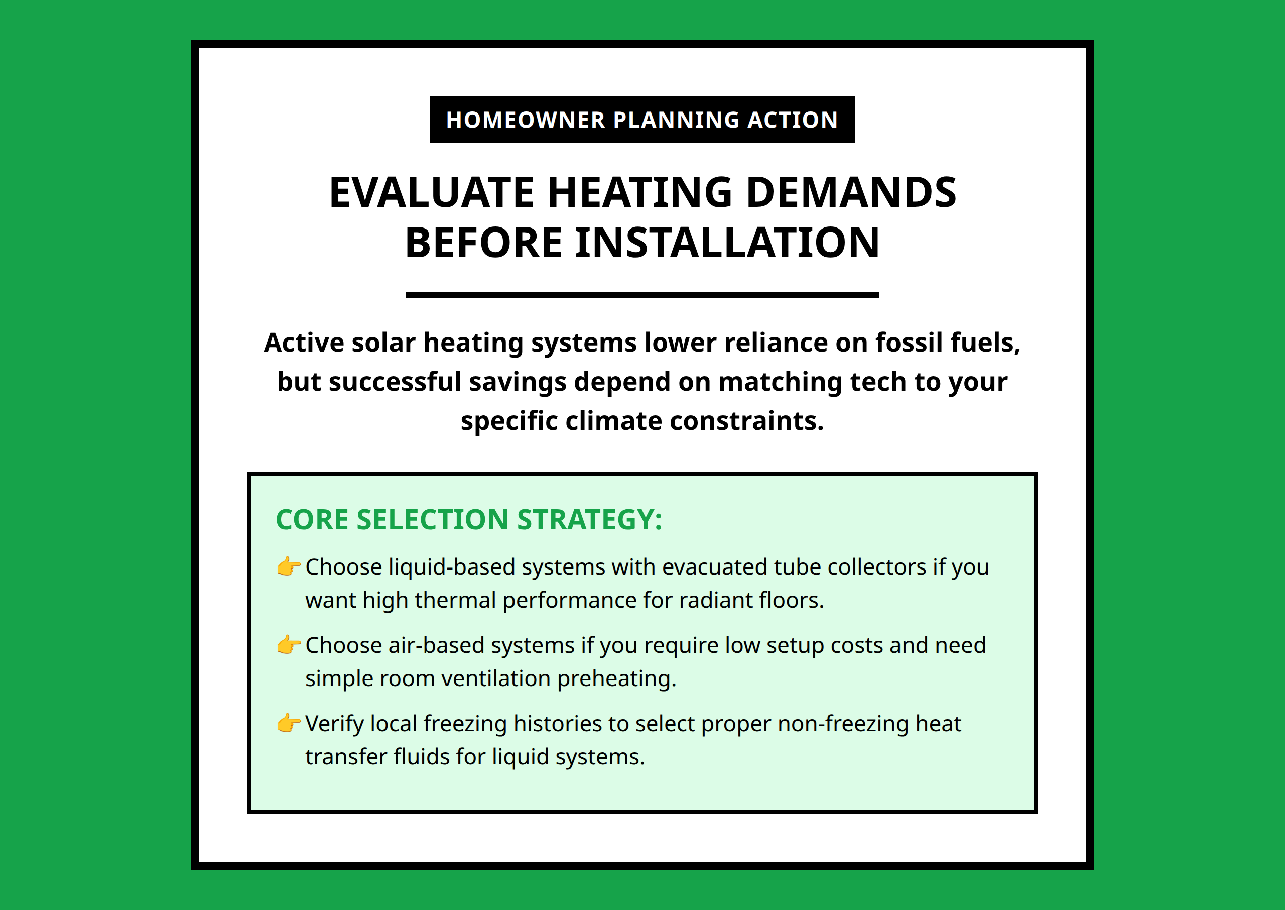 Mini poster providing a decision guide summary for home solar heating system selection