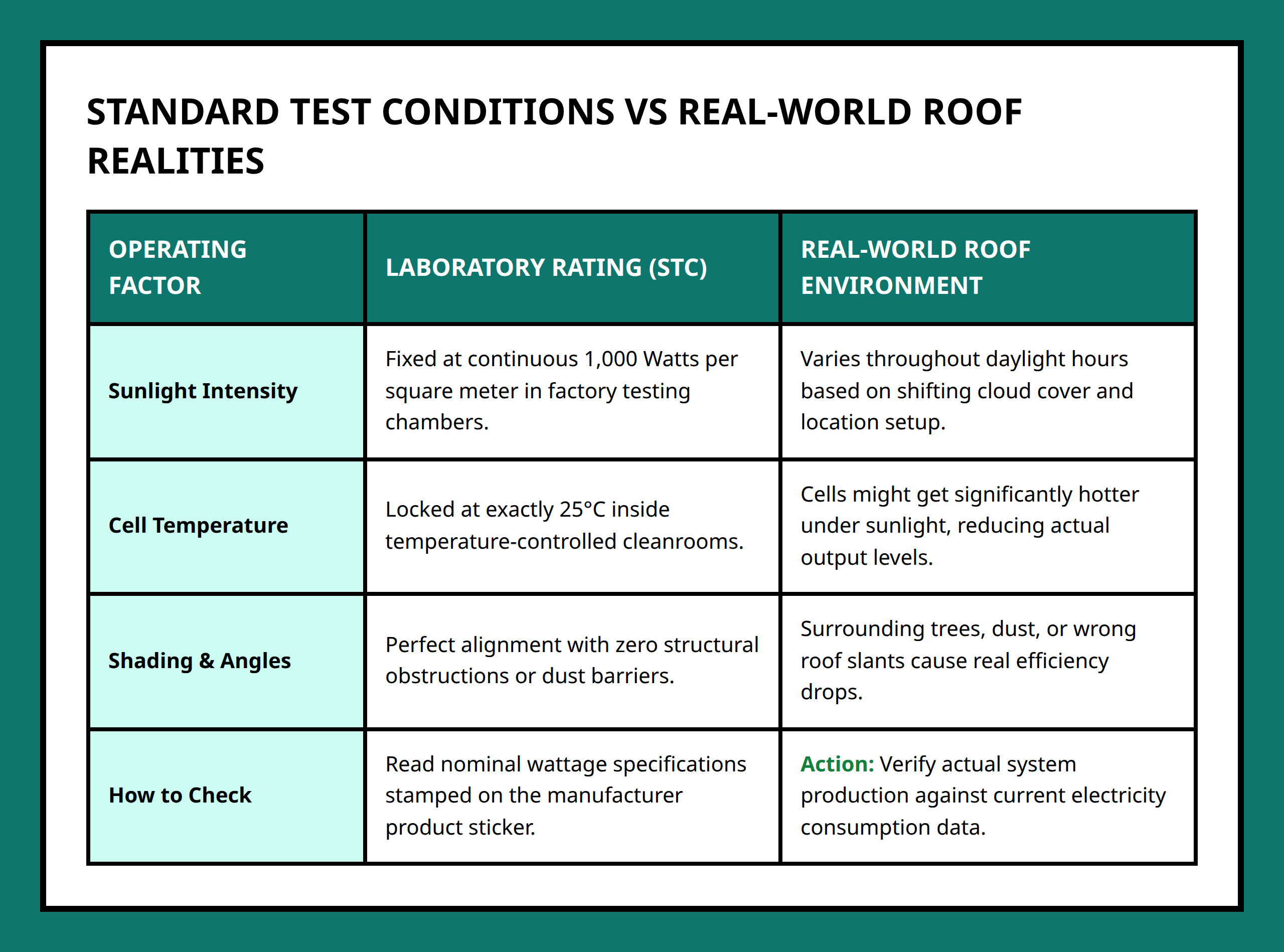 Comparison table separating laboratory test conditions from actual household solar outputs.