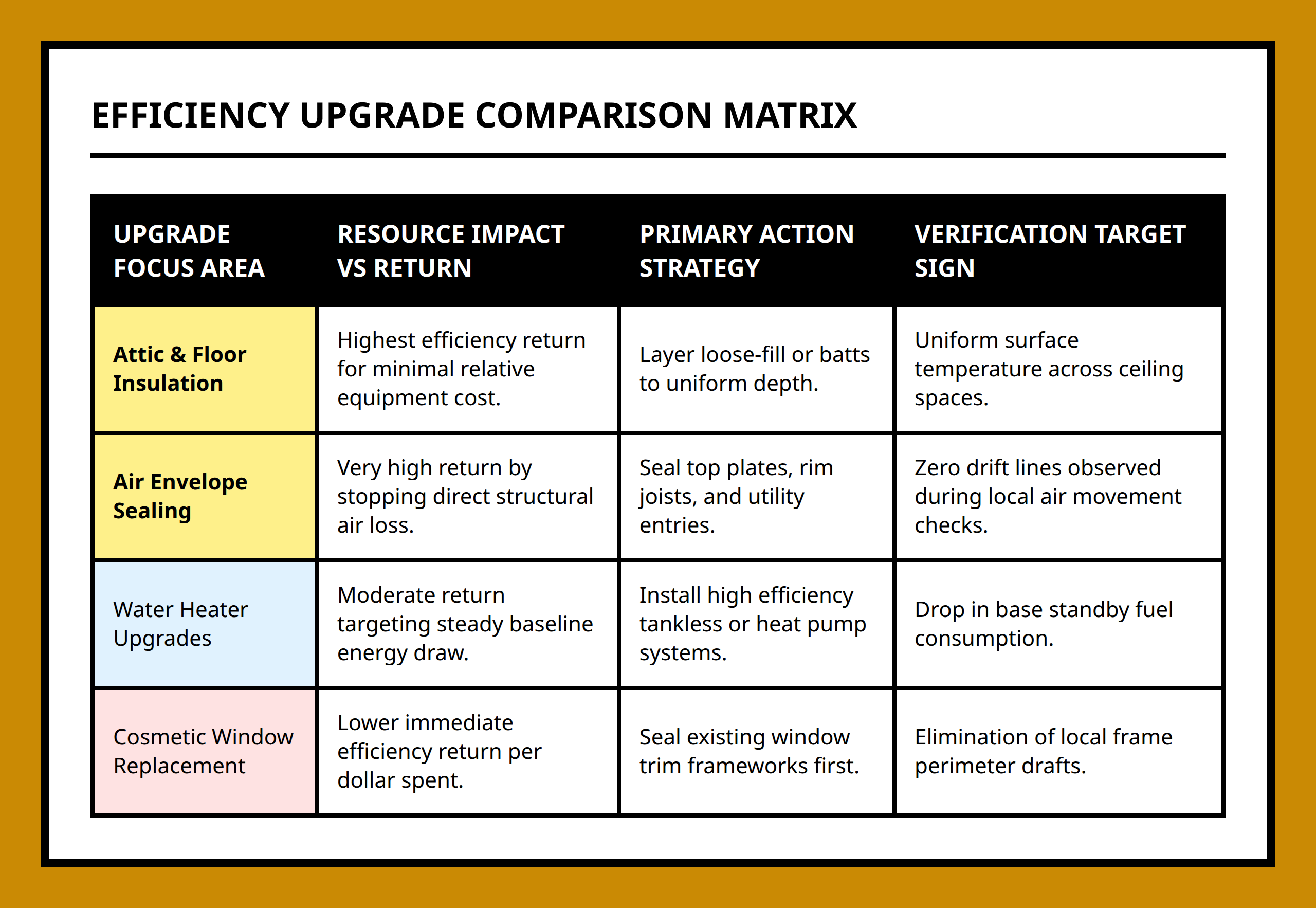 Comparison table balancing insulation upgrades against windows and heating system improvements