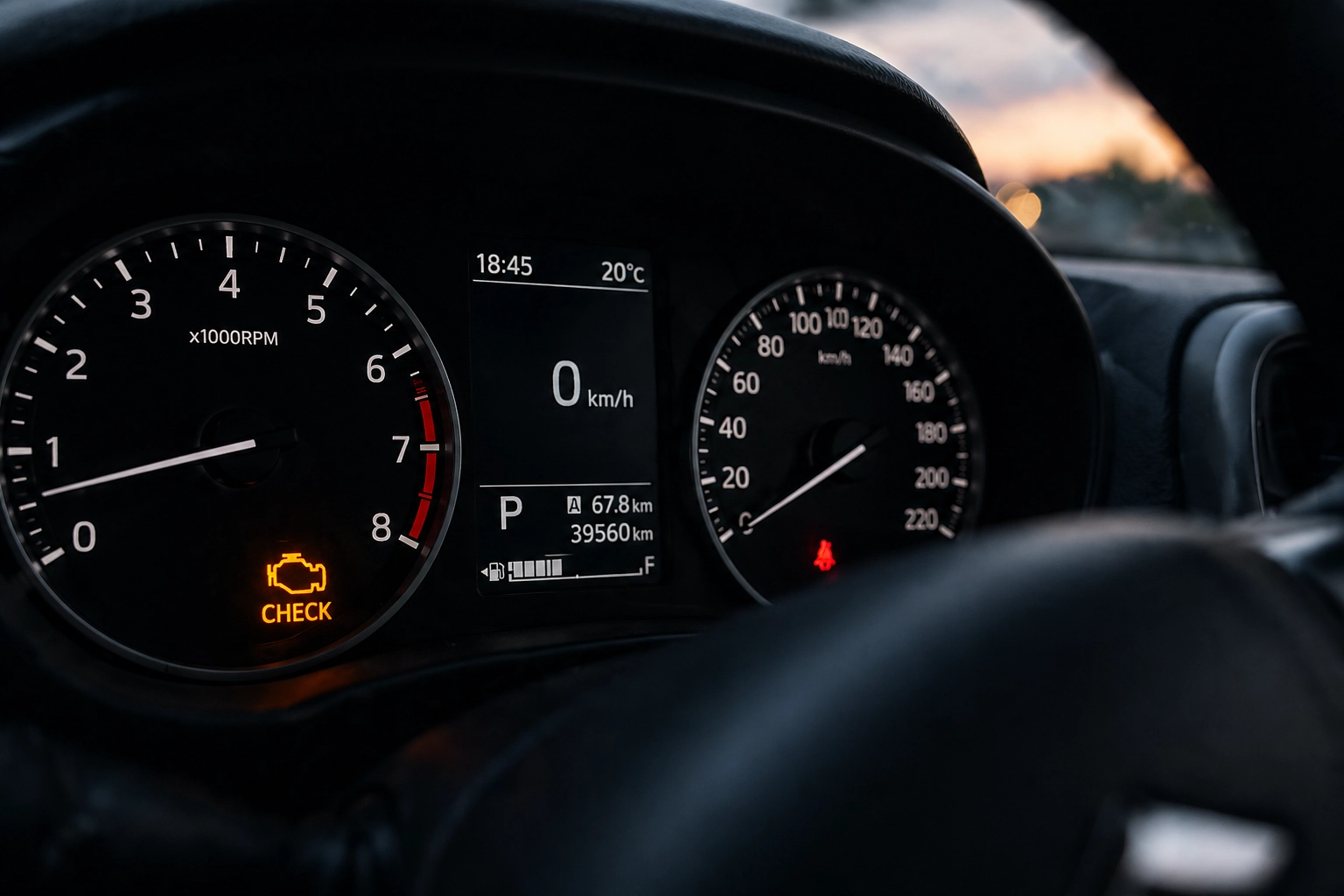 Dashboard with warning lights and speedometer in a car interior.