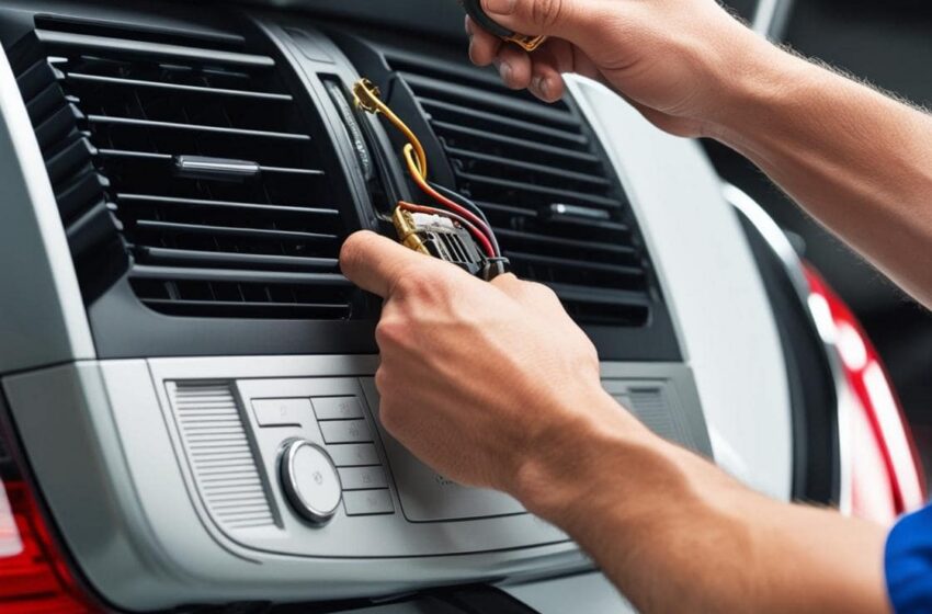 Auto repair technician inspecting and repairing car dashboard wiring on a vehicle.