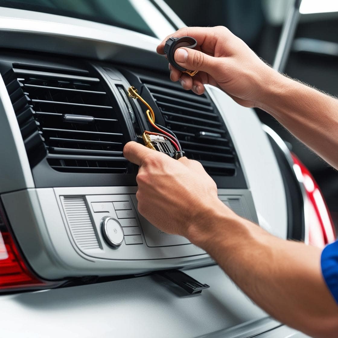 Auto repair technician inspecting and repairing car dashboard wiring on a vehicle.