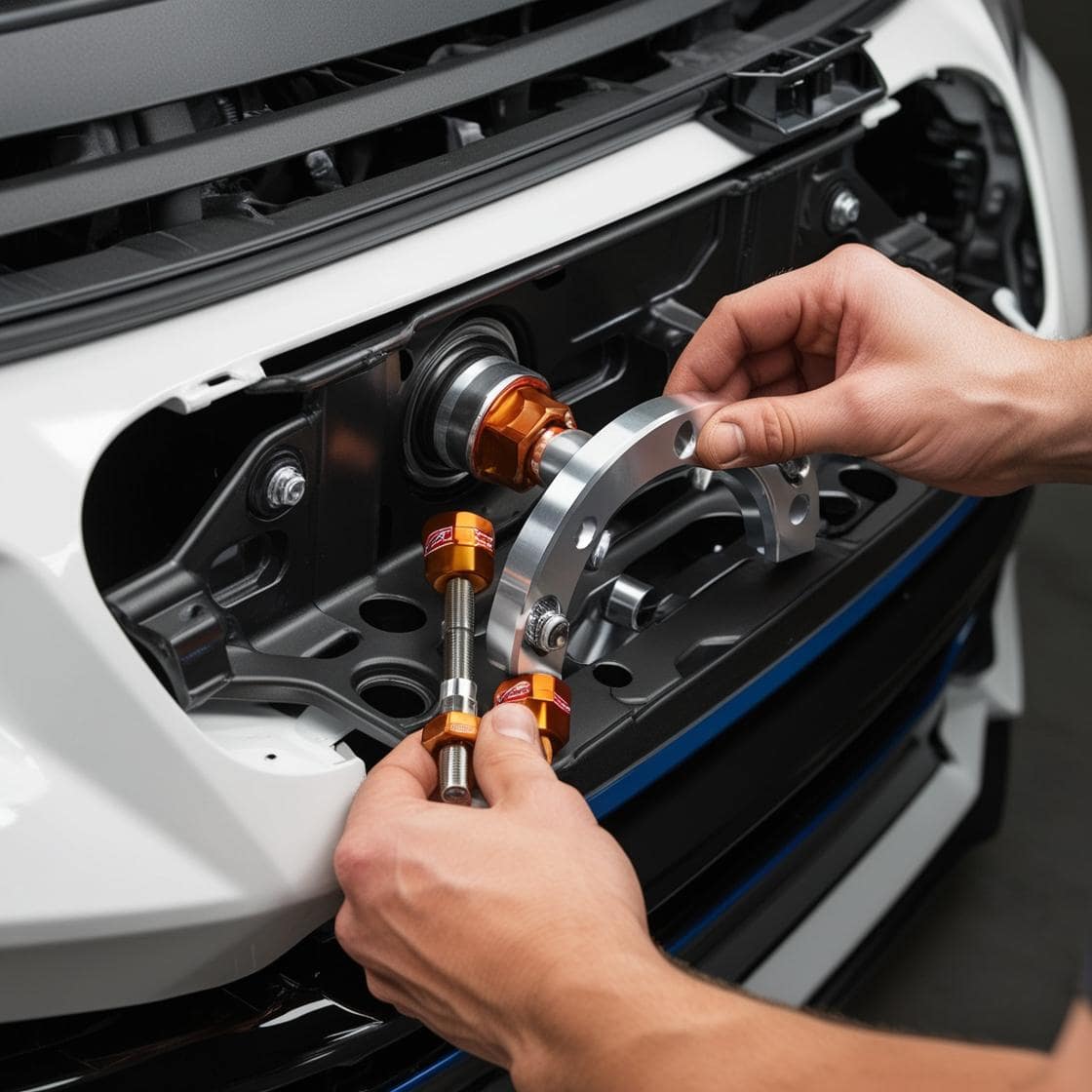 Mobile auto repair technician working on a car engine with specialized tools.