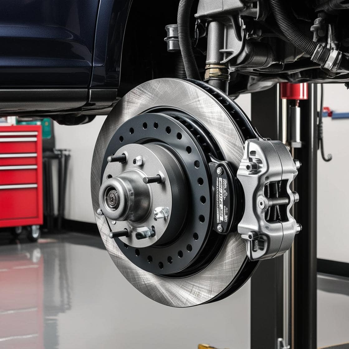 Close-up of a car's brake disc and caliper during repair at Oklahoma auto shop.
