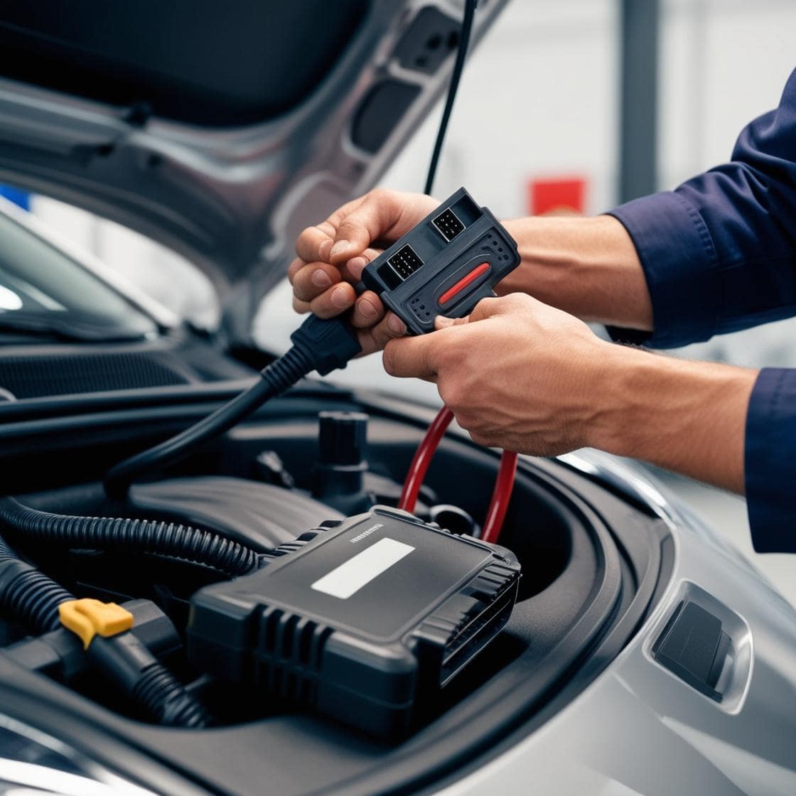 Technician using diagnostic scanner on car engine for troubleshooting.