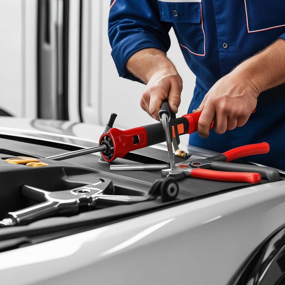 Auto repair technician working on car engine with hand tools in a garage.