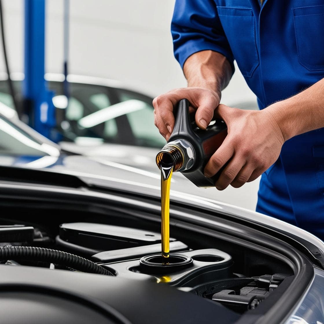 Mobile mechanic pouring oil into a car engine during an oil change.