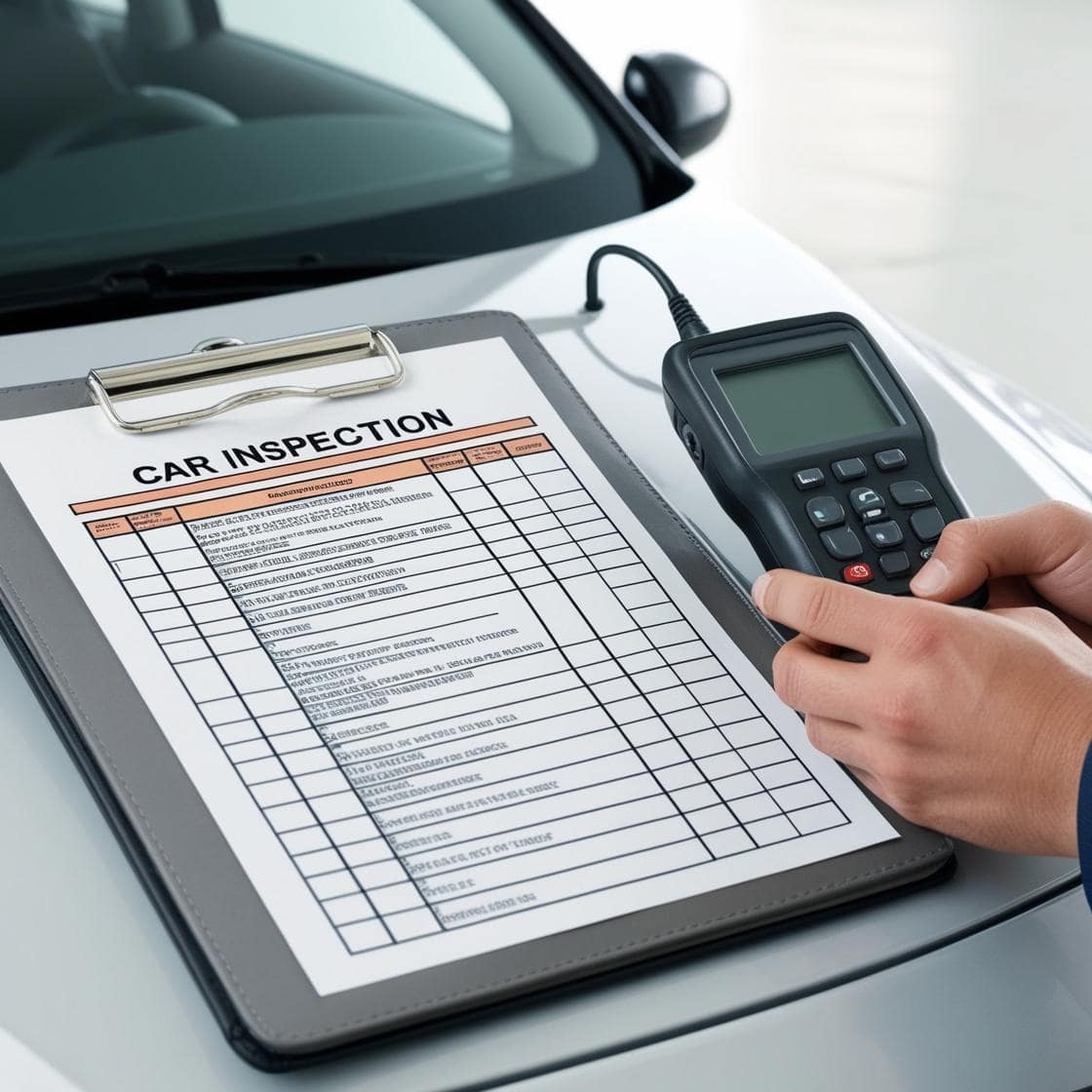 Mobile car inspection being performed with diagnostic tool on vehicle.