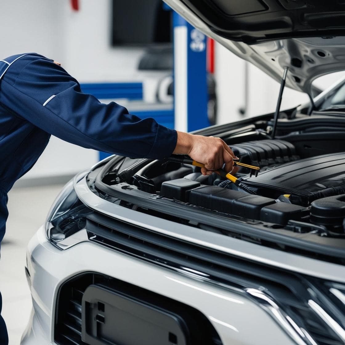 Engine diagnostics being performed on a modern vehicle in an auto repair shop.