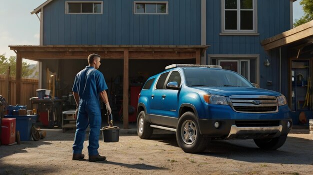 Mobile auto repair technician servicing a blue SUV outdoors.