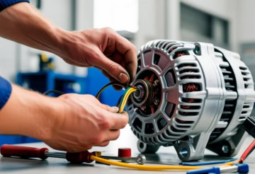 Technician repairing an electric motor at One Stop Lube auto shop.