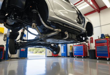 Automotive undercarriage inspection and oil change at One Stop Lube.