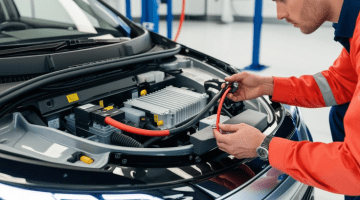 Technician inspecting hybrid vehicle engine during repair at auto shop.