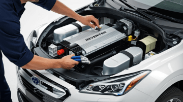 Technician inspecting hybrid vehicle battery under the hood at One Stop Lube.
