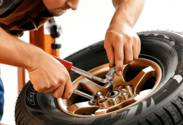 Technician changing a car tire at One Stop Lube auto service.