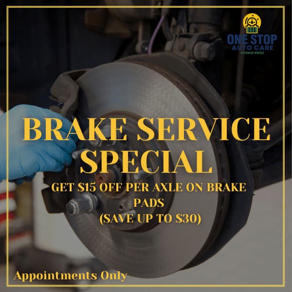 Brake service discount offer at One Stop Auto Care, save on brake pads.