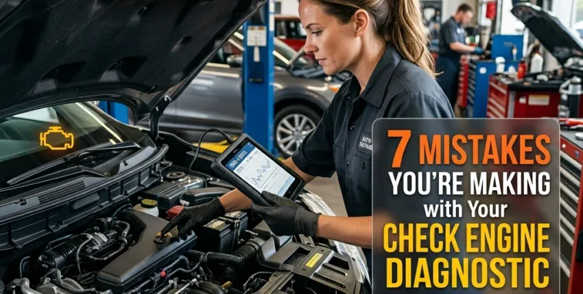 Auto repair shop with technician inspecting vehicle engine using diagnostic tools.