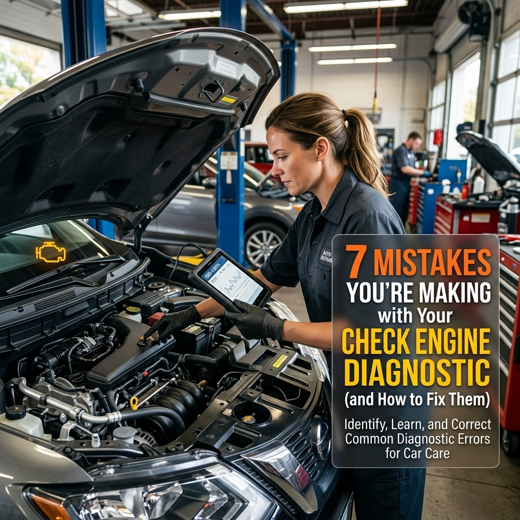 Auto repair shop with technician inspecting vehicle engine using diagnostic tools.