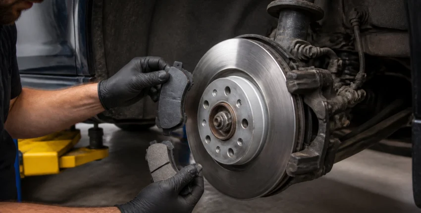 Technician inspecting car brake disc at One Stop Lube auto shop.