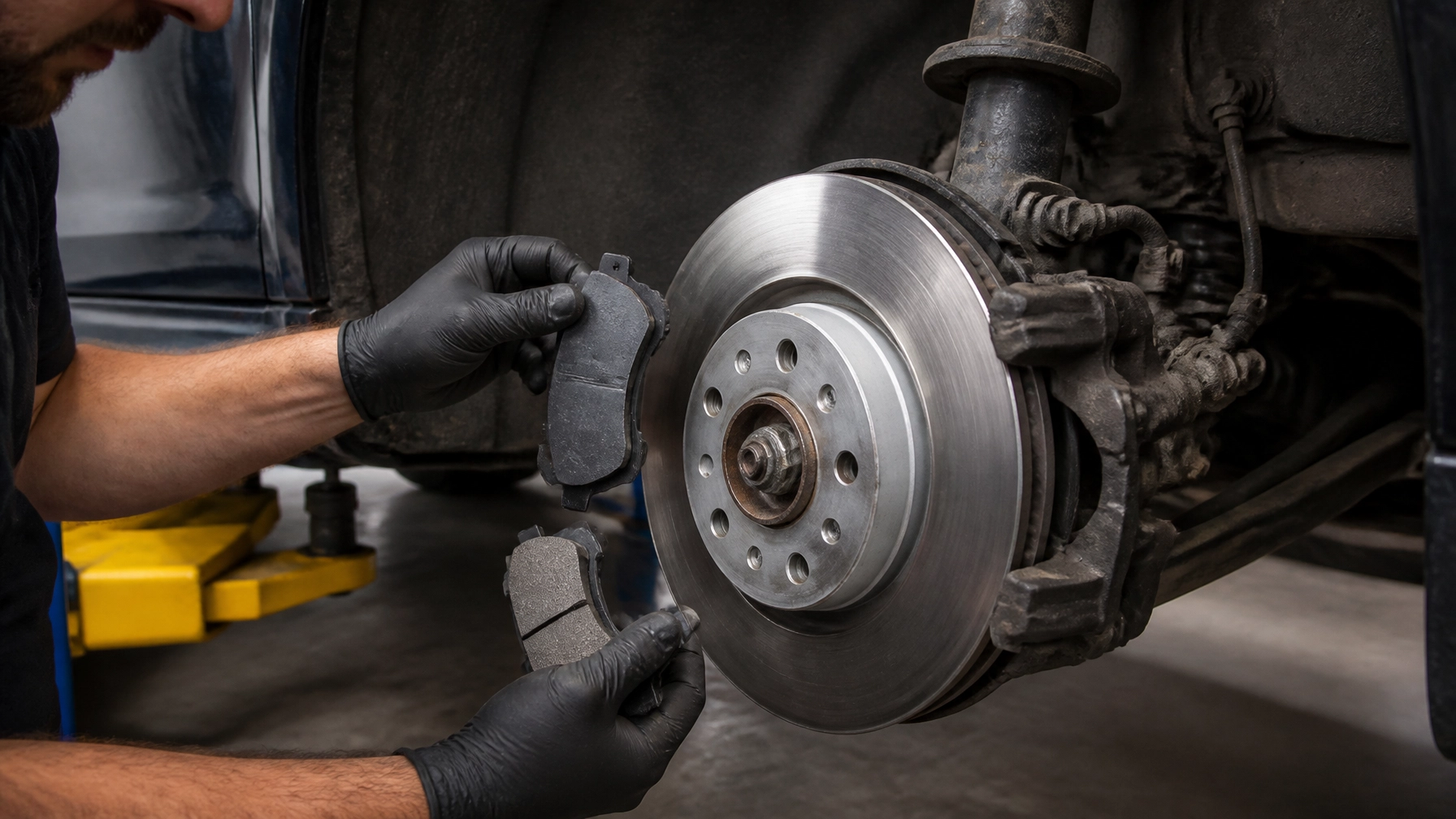 Technician inspecting car brake disc at One Stop Lube auto shop.
