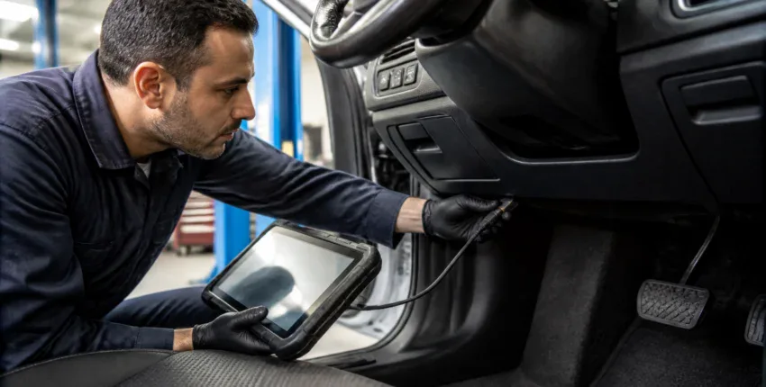 Technician performing vehicle diagnostics at One Stop Lube.