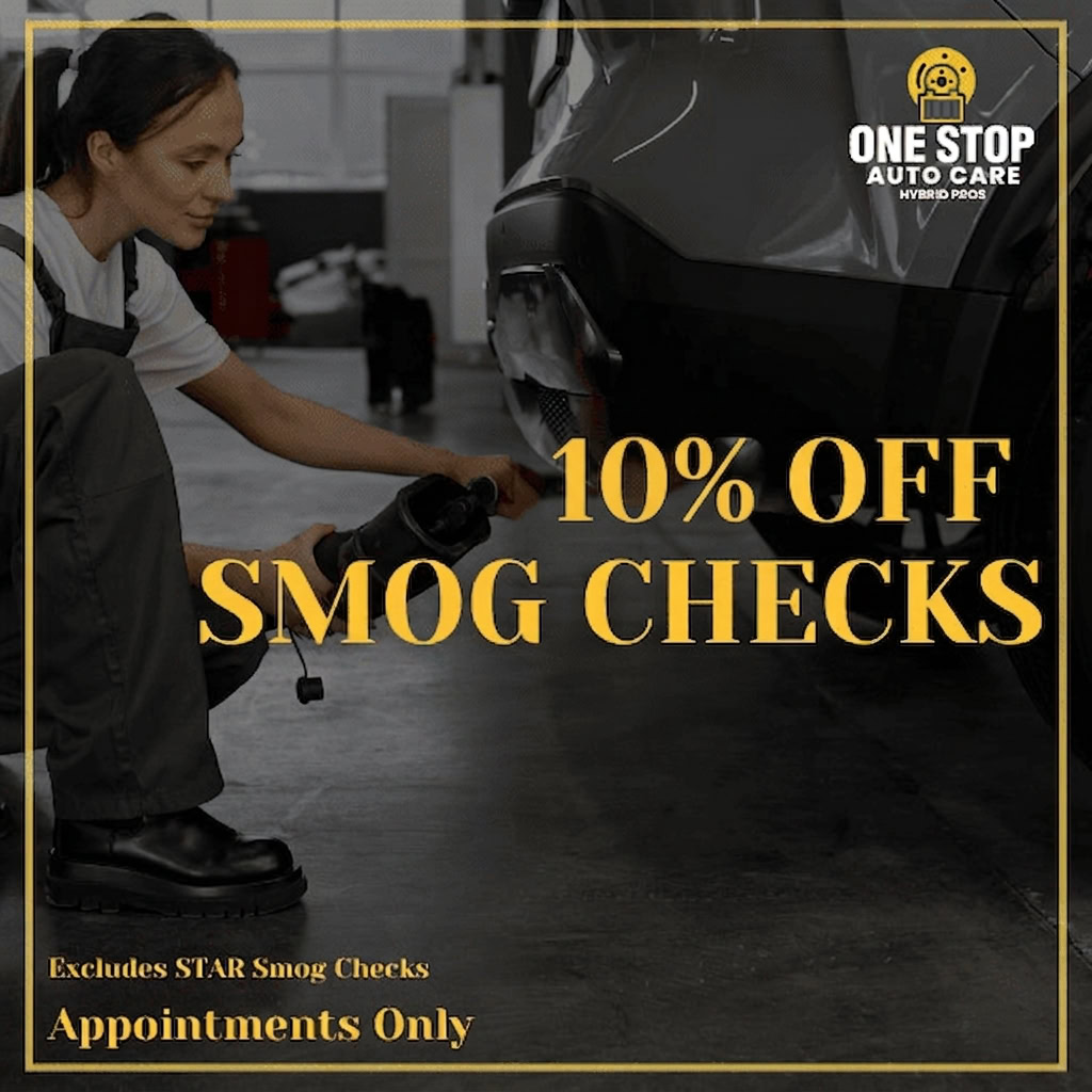 Auto technician performing smog check on vehicle at One Stop Auto Care.