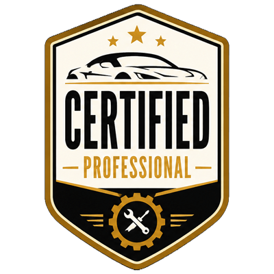 Certified professional mobile mechanic badge with car and tools icon.