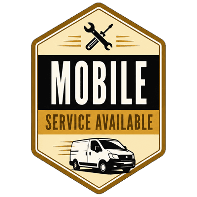 Mobile mechanic service badge with tools and van for on-site repairs.