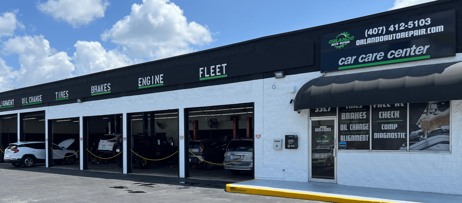 Auto repair shop with vehicle maintenance and diagnostics.