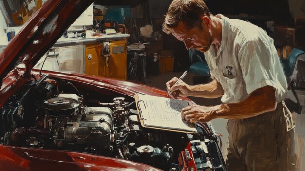 Technician performing parasitic draw test on car battery in repair shop.