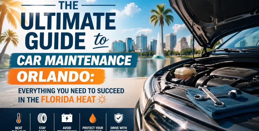 Car engine under hood at Orlando auto repair shop, vehicle maintenance service.