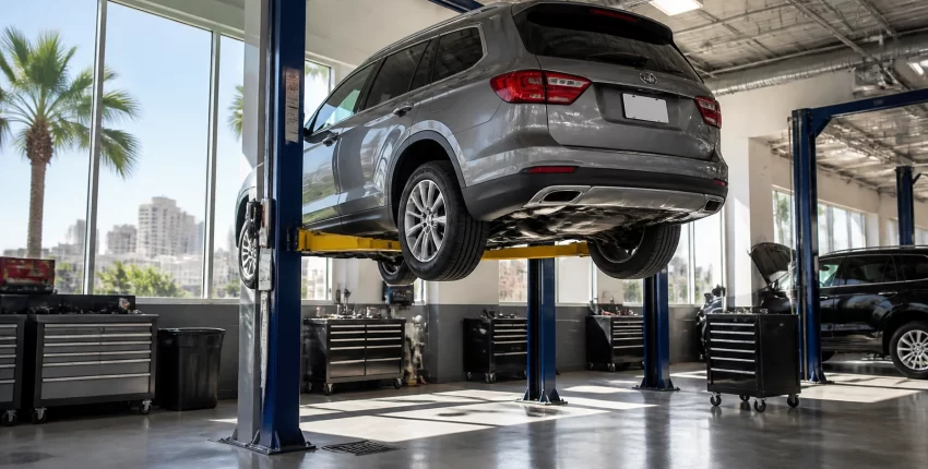 Auto repair shop with a gray SUV elevated on a hydraulic lift, inside a modern, well-lit garage in O.