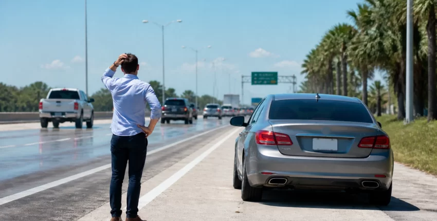 Man checking his car on the roadside in Orlando for auto repair needs.