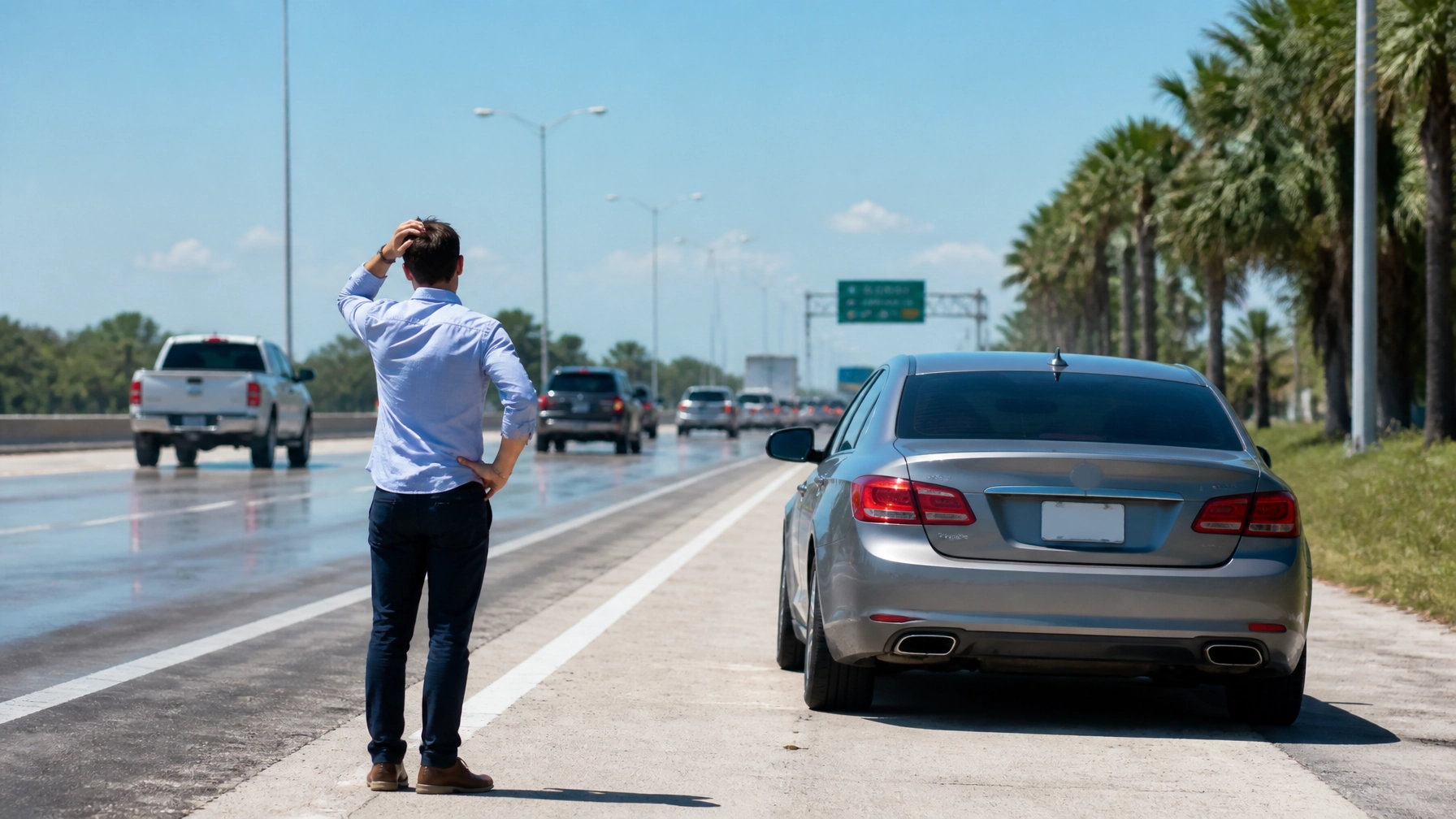 Man checking his car on the roadside in Orlando for auto repair needs.
