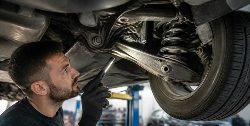 Mechanic inspecting car suspension system at Orlando auto repair shop.