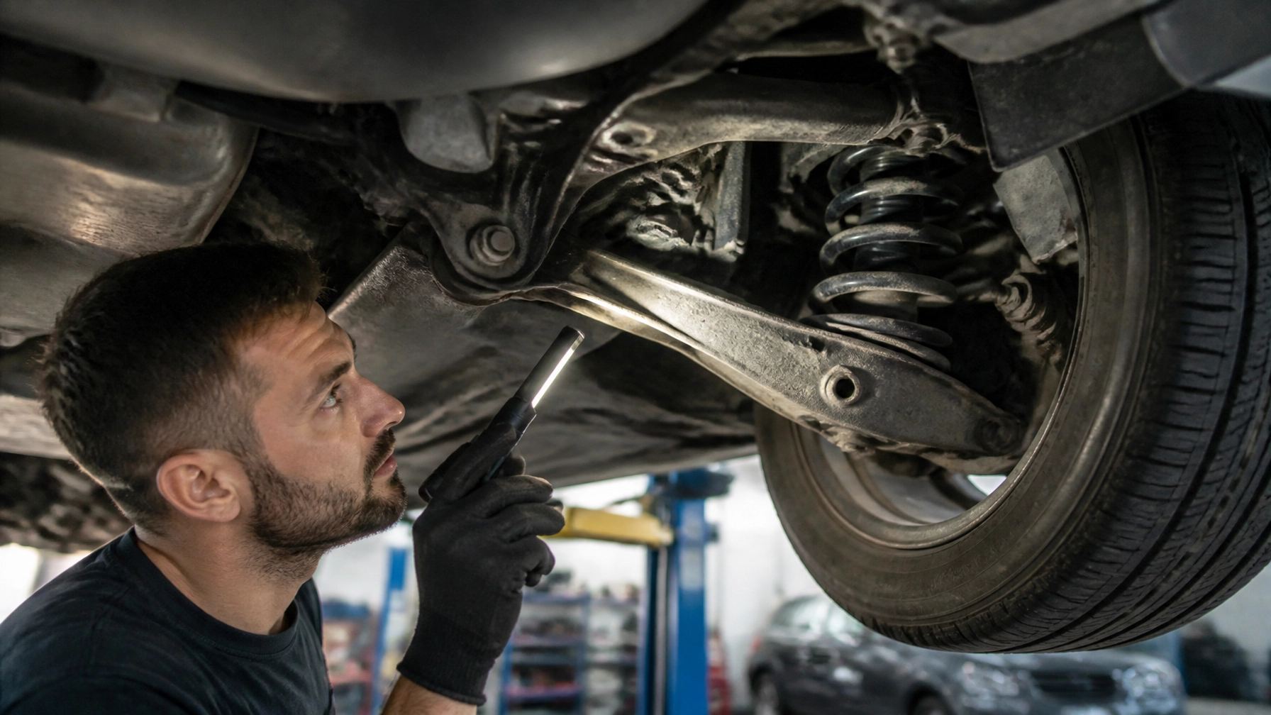 Mechanic inspecting car suspension system at Orlando auto repair shop.