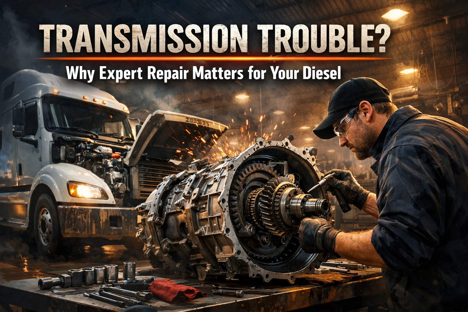 Skilled mechanic repairing diesel transmission in a workshop setting.