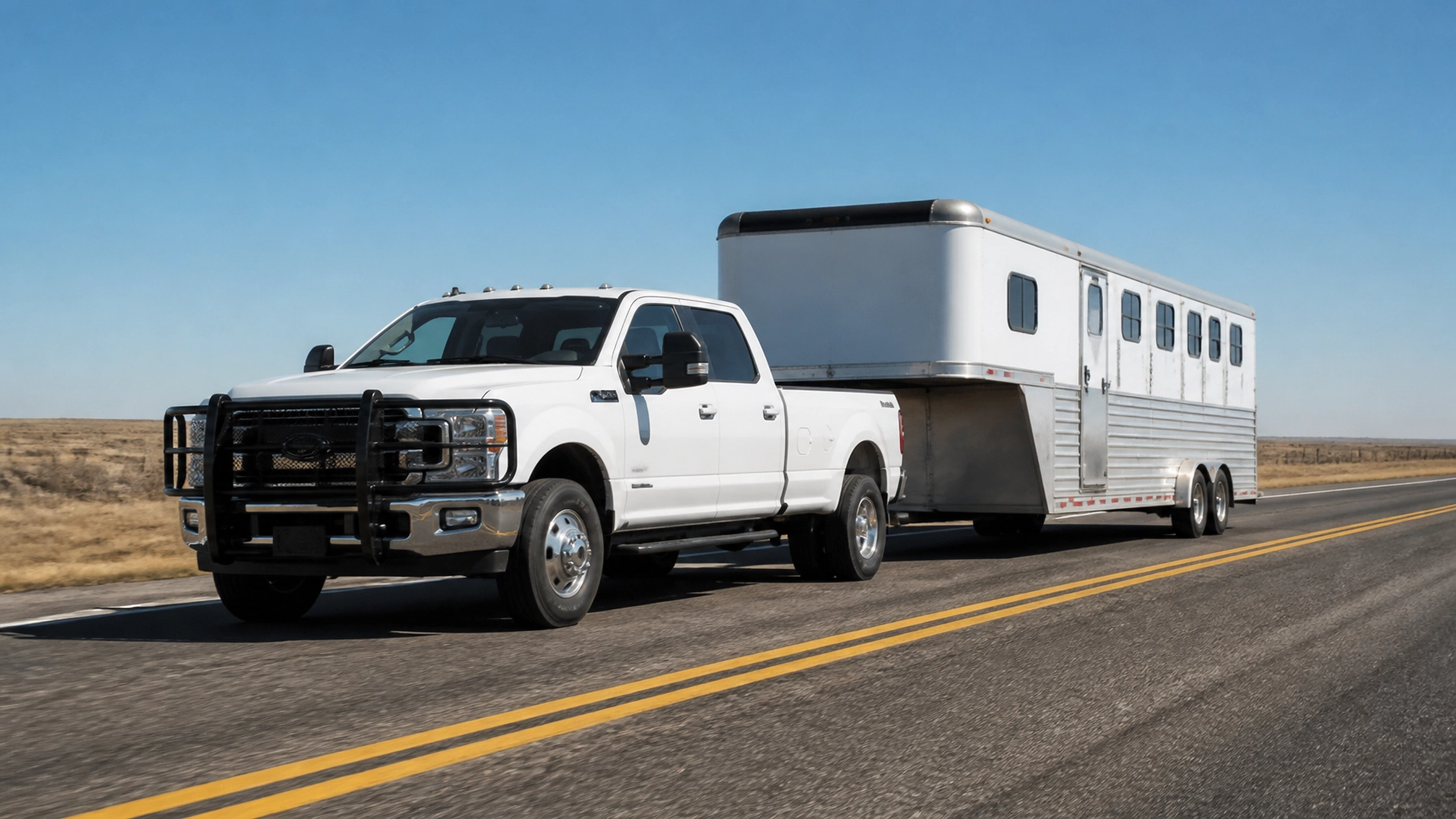 White diesel truck towing a large horse trailer on open road.