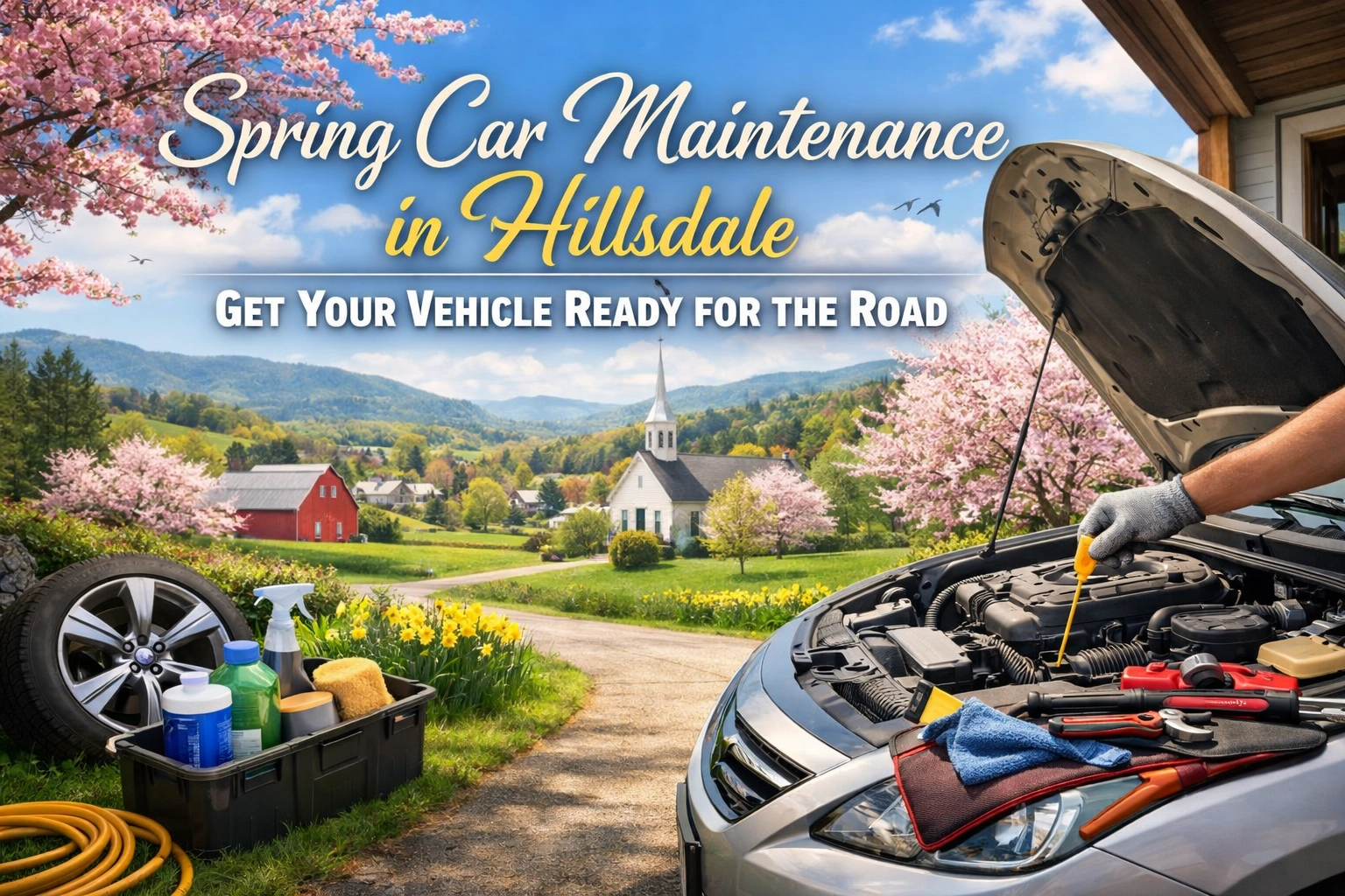 Car engine being serviced outdoors with tools and supplies in a scenic rural setting.