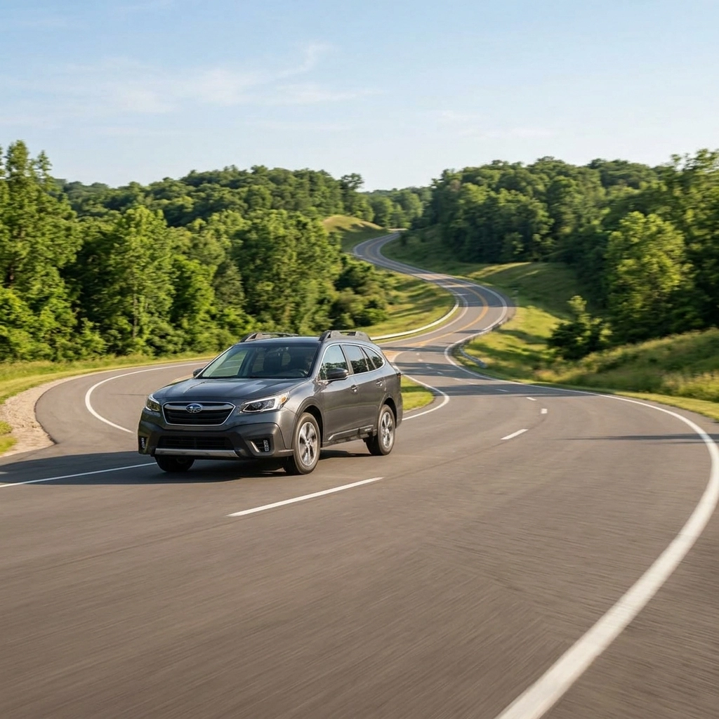 Car driving on scenic winding road surrounded by green trees and rolling hills.