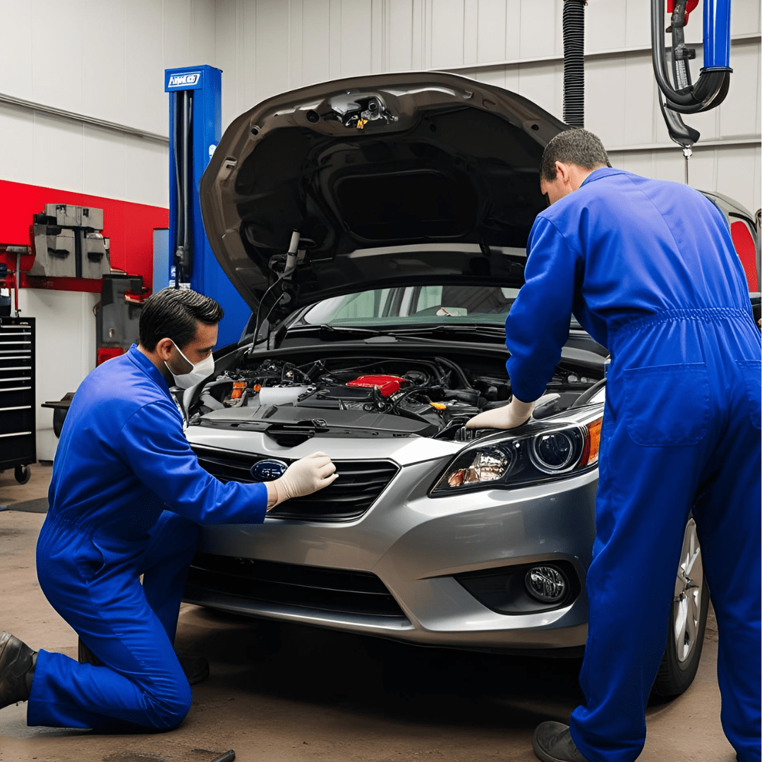 Auto repair technicians working on a vehicle engine at Pembina Valley Auto.