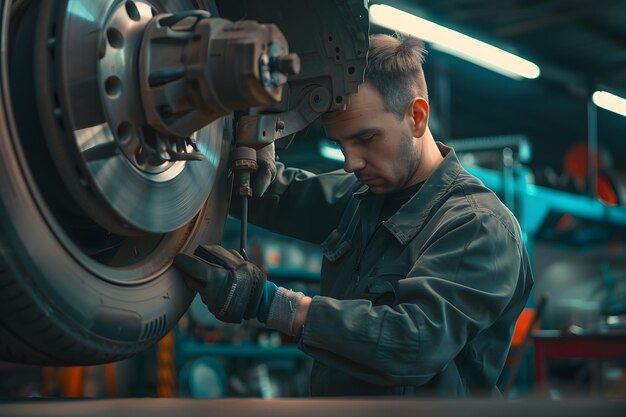 Auto mechanic inspecting a vehicle's wheel and brake system in a workshop.
