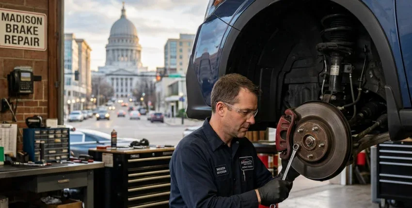 Auto mechanic inspecting a car's brake system in a garage with city view.