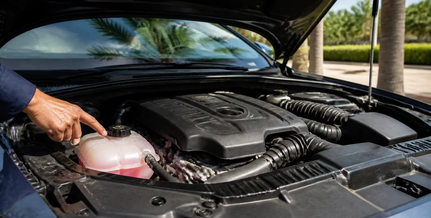 Engine bay with accessible coolant reservoir and engine components.