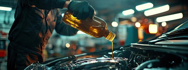 Skilled technician pouring oil into a car engine at Performance Authority.