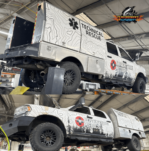 Emergency medical vehicle with technical rescue equipment at Performance Authority, Bend, OR.