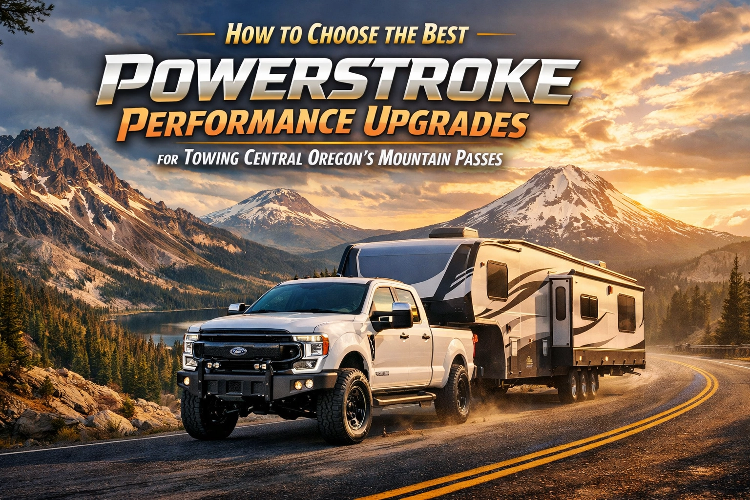 Powerstroke towing performance upgrades in Oregon with mountain scenery background.