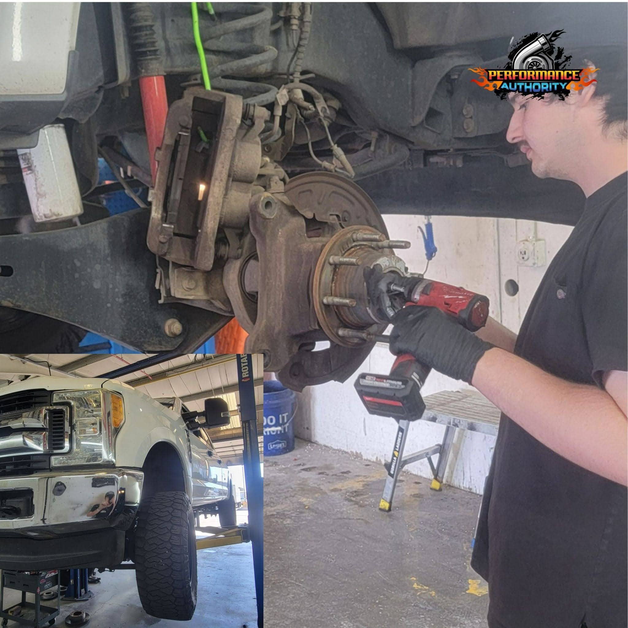 Technician working on vehicle brake system with power tools at Performance Authority.